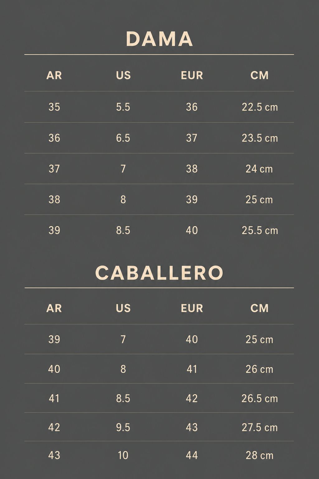 Tabla de talles calzado